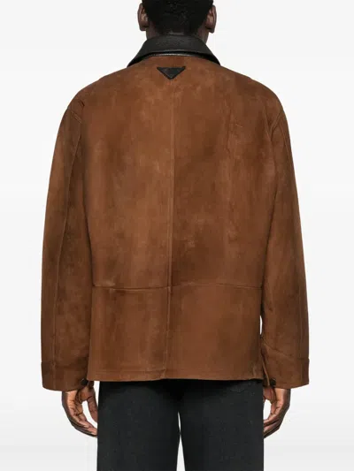 Prada Suede Caban Jacket Vintage Effect Collar In Brown
