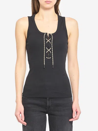 Burberry Ribbed Adjustable Drawstring Tank Top With Equestrian Knight Design In Black
