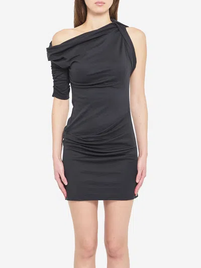 Jacquemus Asymmetrical One-shoulder Bodycon Mini Dress With Ruched Sleeve In Black