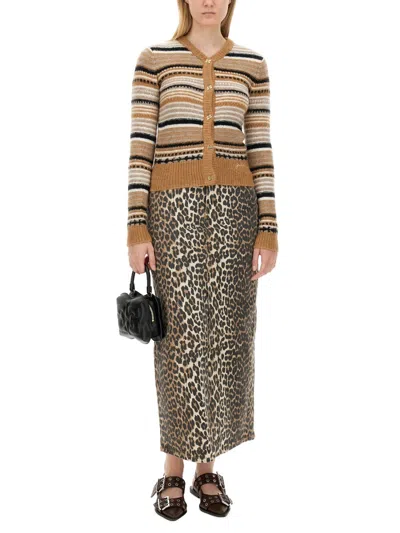 Ganni Regular Fit Cardigan With Stripe Pattern In Brown