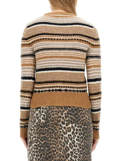 Ganni Regular Fit Cardigan With Stripe Pattern In Brown