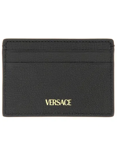 Versace Medusa Biggie Pebbled Calfskin Card Holder In Black