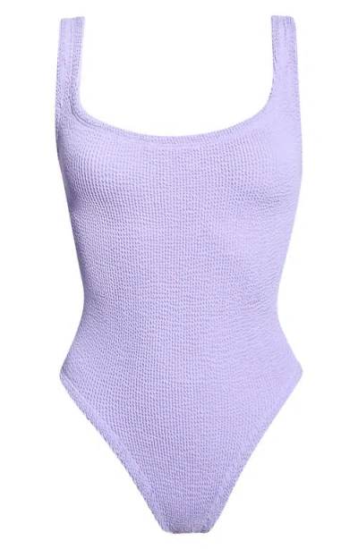 Hunza G Coverage Square Neck Seersucker Swimsuit In Purple