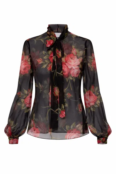 Dolce & Gabbana Rose Bouquet-print Silk Chiffon Neck-tie Blouse In Black