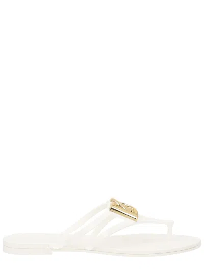 Dolce & Gabbana White Thong Sandals With Logo Plaque On The Front In Rubber Woman In Multi