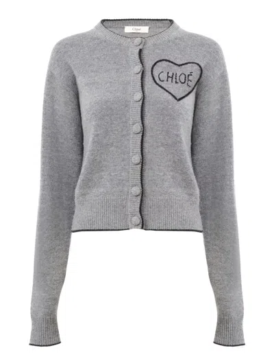 Chloé Fitted Cardigan With Logo In Wool And Cashmere Knit In Gray