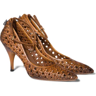 Miu Miu 80 Woven Leather Pointed Pumps In Brown