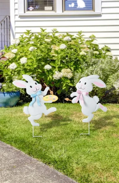 Glitzhome Metal Bunny Painter Easter Yard Art In White
