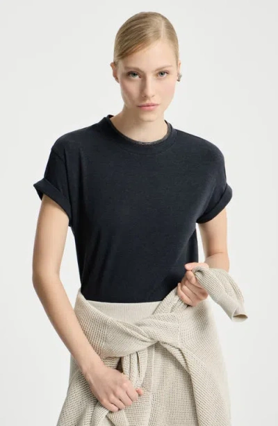 Brunello Cucinelli Stretch Cotton Jersey T-shirt With Precious Faux-layering In Gray