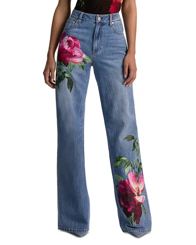 Alice And Olivia Chic High Rise Full Length Rose Print Jeans In Denver Bright Blue