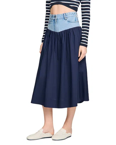 Sandro Mixed-material Maxi Skirt In Blue