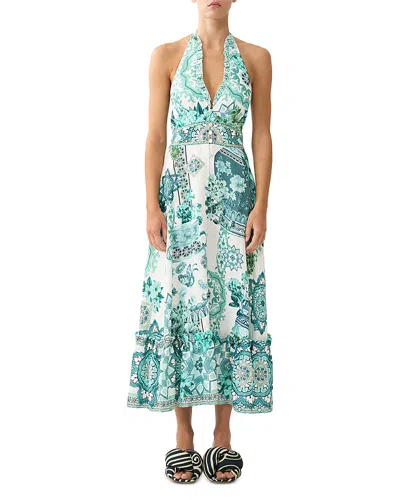 Camilla Embellished Ruffled Halterneck Linen Midi Dress In Blue