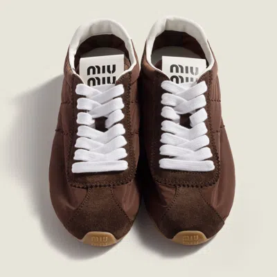 Miu Miu Fabric And Suede Low Top Sneakers Contrast Sole In Brown