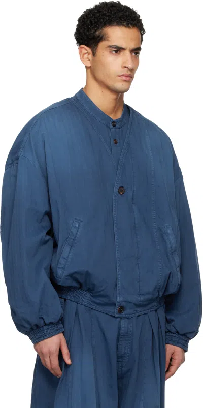 Hed Mayner Blue Herringbone Denim Bomber Jacket In Blue