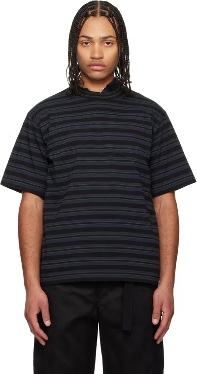 Sacai Navy Horizontal Stripe T-shirt In Multi