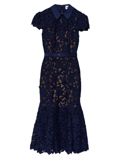 Self-portrait Guipure Blue Long Dress With Lace Design And Adjustable Waist Belt In Fabric Woman