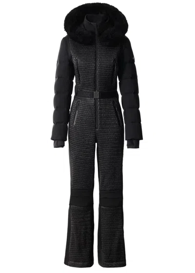 Mackage Lorelle Belted Hooded Plush-trimmed Quilted Padded Down Ski Suit In Black