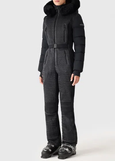 Mackage Lorelle Belted Hooded Plush-trimmed Quilted Padded Down Ski Suit In Black