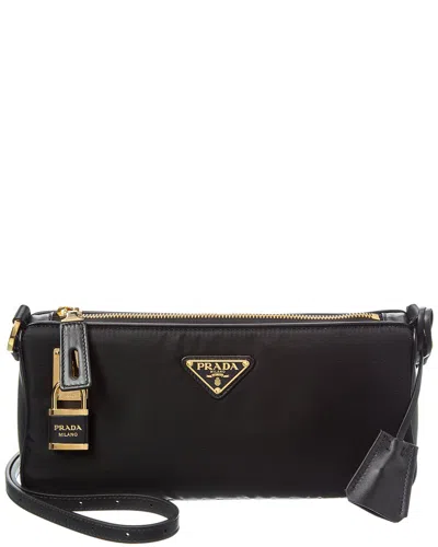 Prada Small Re-nylon And Leather Shoulder Bag With Padlock In Black