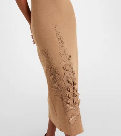 Oscar De La Renta Foxglove Embroidered Short-sleeve Knit Maxi Dress In Brown