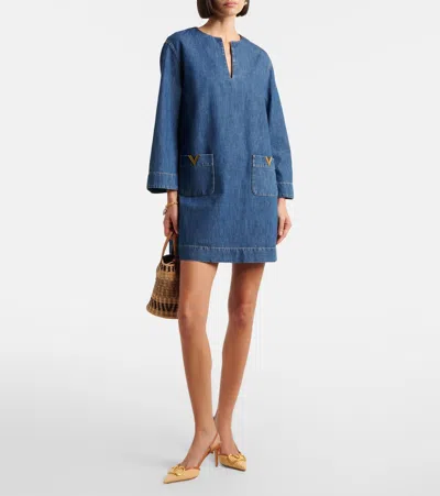 Valentino Vlogo Signature Denim Dress Three Quarter Sleeves In Blue