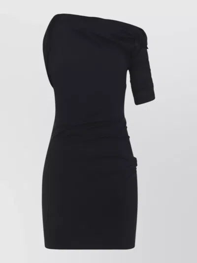 Jacquemus Asymmetrical One-shoulder Bodycon Mini Dress With Ruched Sleeve In Black
