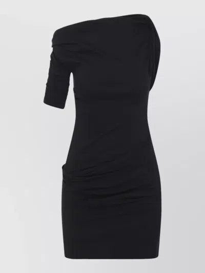 Jacquemus Asymmetrical One-shoulder Bodycon Mini Dress With Ruched Sleeve In Black