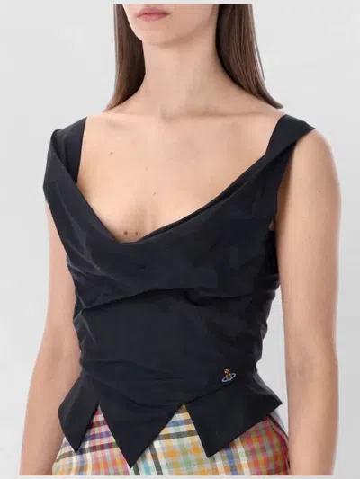 Vivienne Westwood Sunday Black Sleveless Top With Ring Neckline With Draping And Pointed Hem In Cotton Woman In Blue