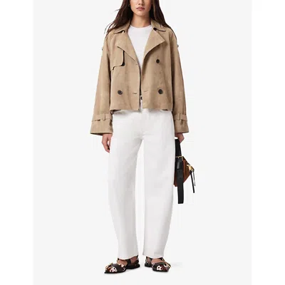 Allsaints Reed Short Belted Suede Trench Coat In Brown