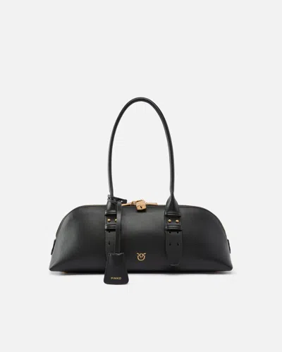 Pinko Bowling Bag Horizontal Black Handbag With Adjustable And Removable Shoulder Strap And Padlock Detail