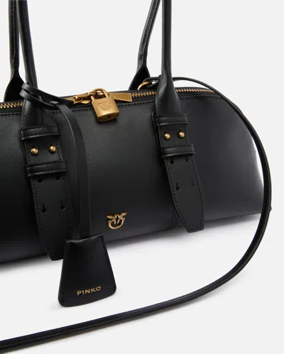 Pinko Bowling Bag Horizontal Black Handbag With Adjustable And Removable Shoulder Strap And Padlock Detail