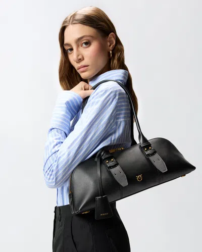Pinko Bowling Bag Horizontal Black Handbag With Adjustable And Removable Shoulder Strap And Padlock Detail