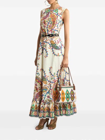 Etro Long Cotton Dress With Placed Floral Paisley Print In Multi
