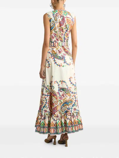 Etro Long Cotton Dress With Placed Floral Paisley Print In Multi
