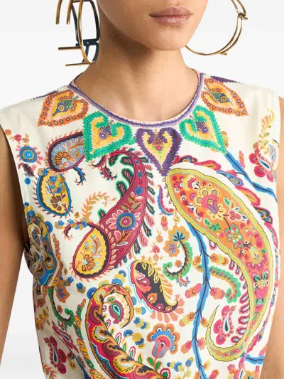 Etro Long Cotton Dress With Placed Floral Paisley Print In Multi