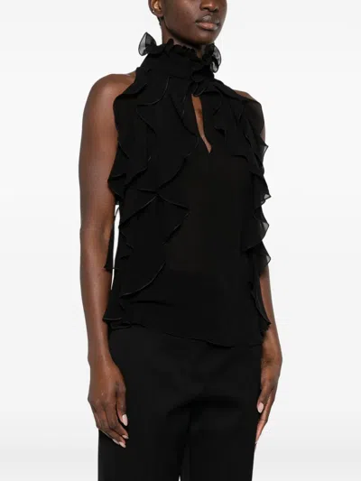 Alexander Mcqueen Cut-out Top In Silk Georgette With Ruffles Tops Black