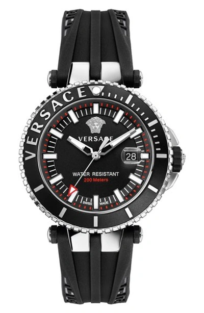 Versace 'v-race Diver' Silicone Strap Watch, 46mm In Black