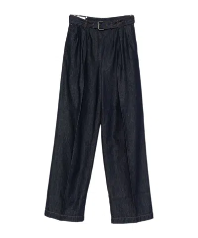 Dries Van Noten High Waist Wide Leg Belted Pleated Jeans In Blue