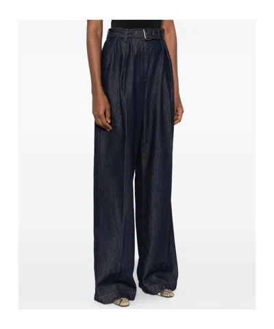 Dries Van Noten High Waist Wide Leg Belted Pleated Jeans In Blue