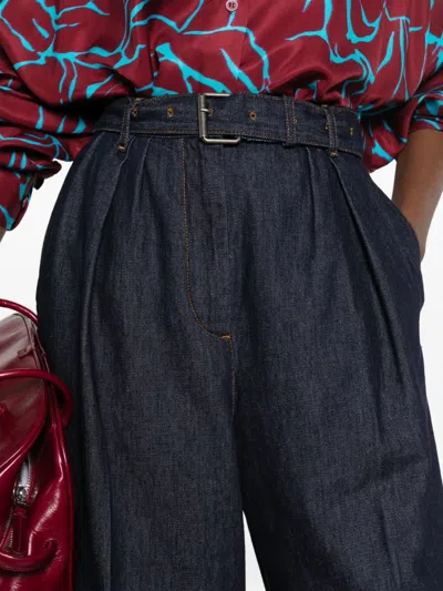 Dries Van Noten High Waist Wide Leg Belted Pleated Jeans In Blue