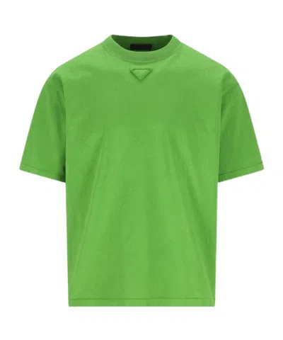 Prada Green Solid Crew Neck T-shirt In Green