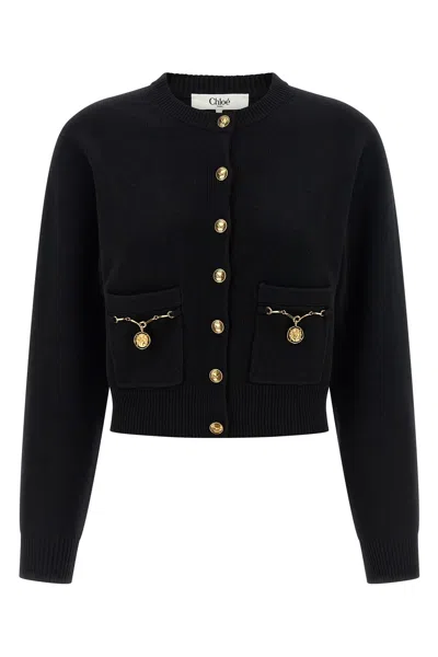 Chloé Chloe Embellished-pocket Wool And Cashmere-blend Cardigan In Black