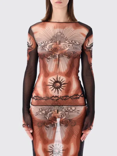 Jean Paul Gaultier Tattoo-inspired Sheer Long-sleeved Top With Bold Motifs In Brown