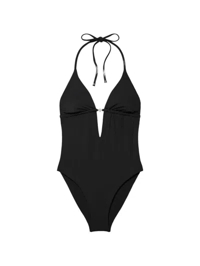 Tory Burch Halter Neck Plunge Swimsuit Ring Detail In Black