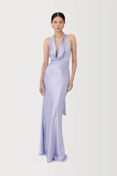 Sau Lee Pearl Satin Plunging Cowl Neck Bias-cut Sheath Maxi Dress In Purple