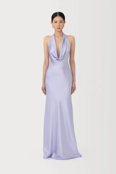 Sau Lee Pearl Satin Plunging Cowl Neck Bias-cut Sheath Maxi Dress In Purple