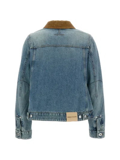 Alexander Mcqueen Fitted Blue Jacket With Peplum Hem And Contrasting Collar In Blue