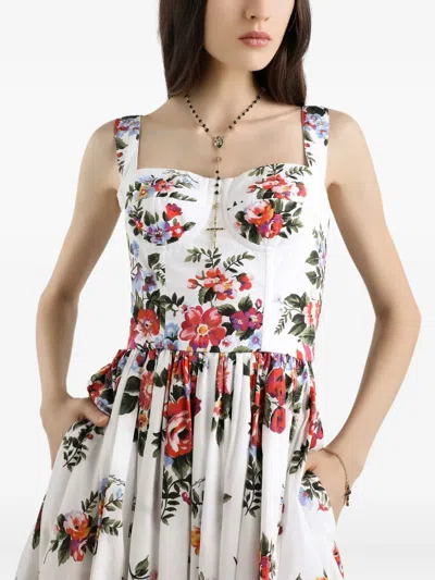 Dolce & Gabbana White Cotton Midi Dress With Floral Print Dolce E Gabbana In Multi