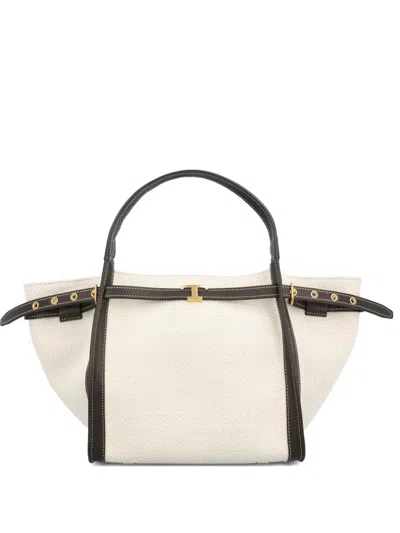 Tod's White Tote Bag With Front Leather Buckled Belt In Cotton Blend Woman