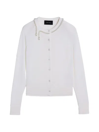 Simone Rocha Merino Silk Cardigan With Embroidered Pearl Neckline In White